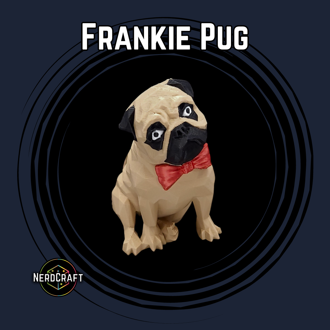 Frankie Pug Figurine | 3D Printed Pug with Bowtie | NerdCraft Home Decor