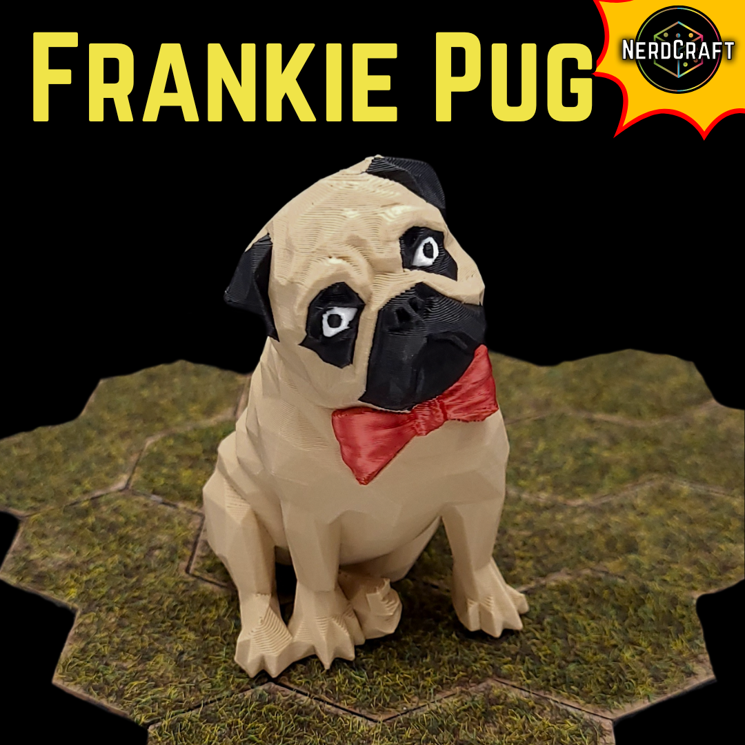 Frankie Pug Figurine | 3D Printed Pug with Bowtie | NerdCraft Home Decor