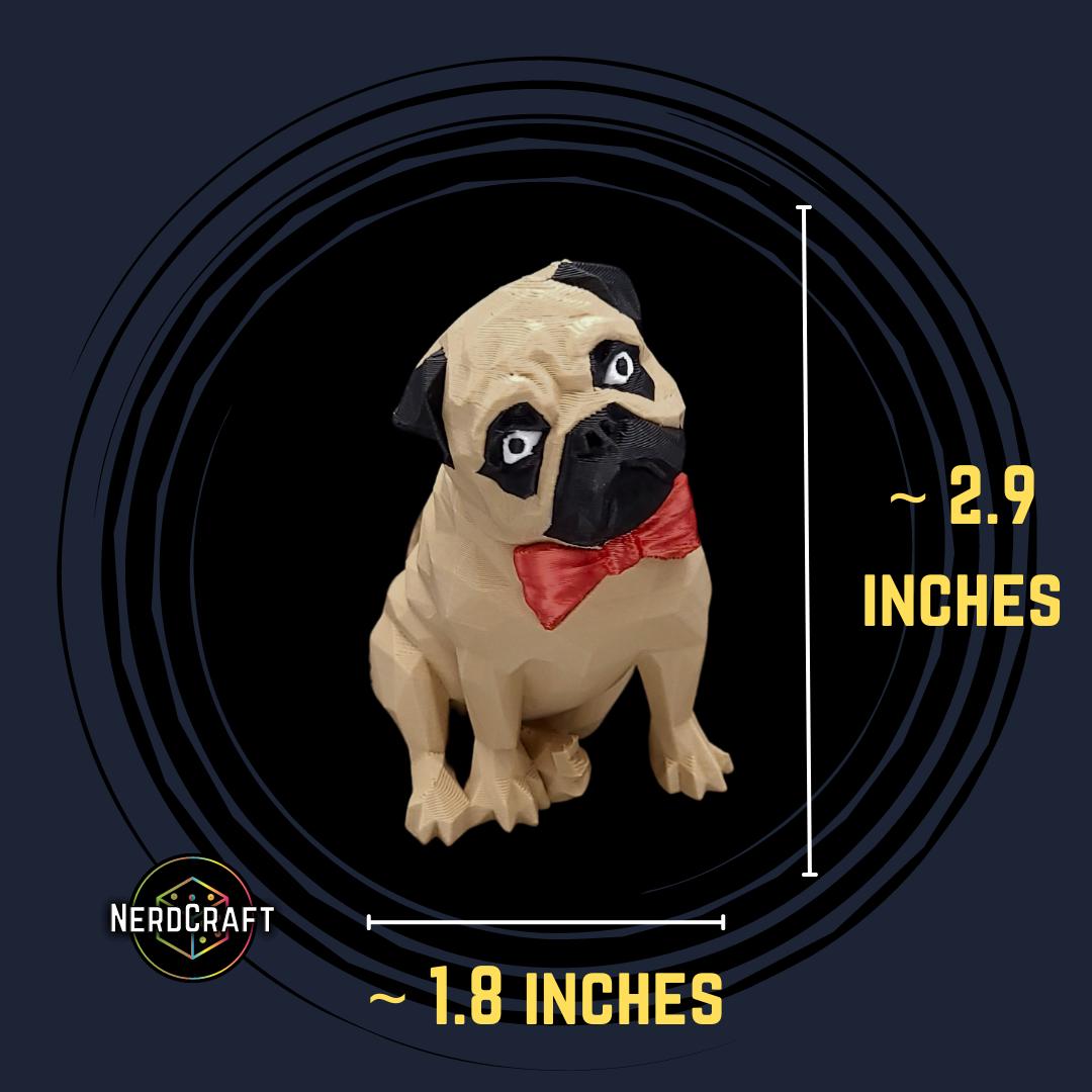 Frankie Pug Figurine | 3D Printed Pug with Bowtie | NerdCraft Home Decor